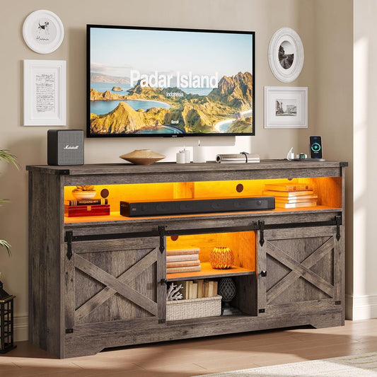 Hasuit Farmhouse LED TV Stand Entertainment Center with Power Outlet and Storage Cabinet for Living Room Oak