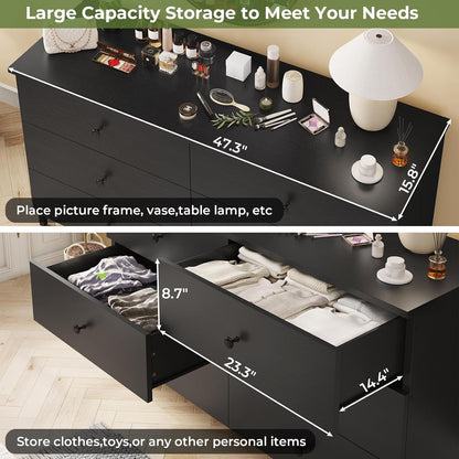 Hasuit 6 Drawers Double Dresser, Wooden Dressers with Heavy Sturdy Steel Frame, Large Capacity Storage Chest of Drawers, Black Dresser for Bedroom, Living Room, Entryway