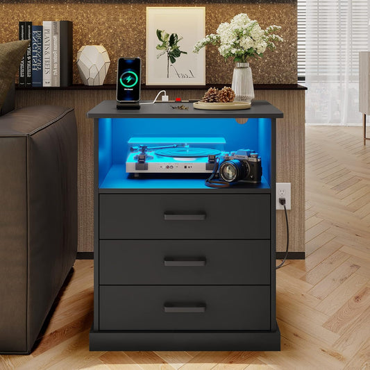 Hasuit Nightstand with Charging Station and LED Lights, Large Bedside Table with 3 Storage Drawer, Black Night Stand for Bedroom, Wider Tabletop 19.0''(L) x 15.0''(W)