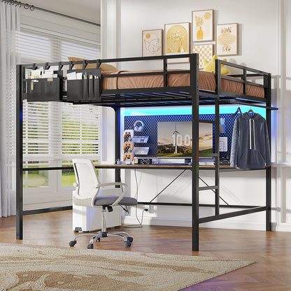 Hasuit Full Size Metal Loft Bed with Desk, LED Lights & Charging Station - Sturdy Space-Saving Bed Frame, Loft Bed Full Size Includes Safety Guard Rail & Ladder, No Box Spring Needed, Durable, Black