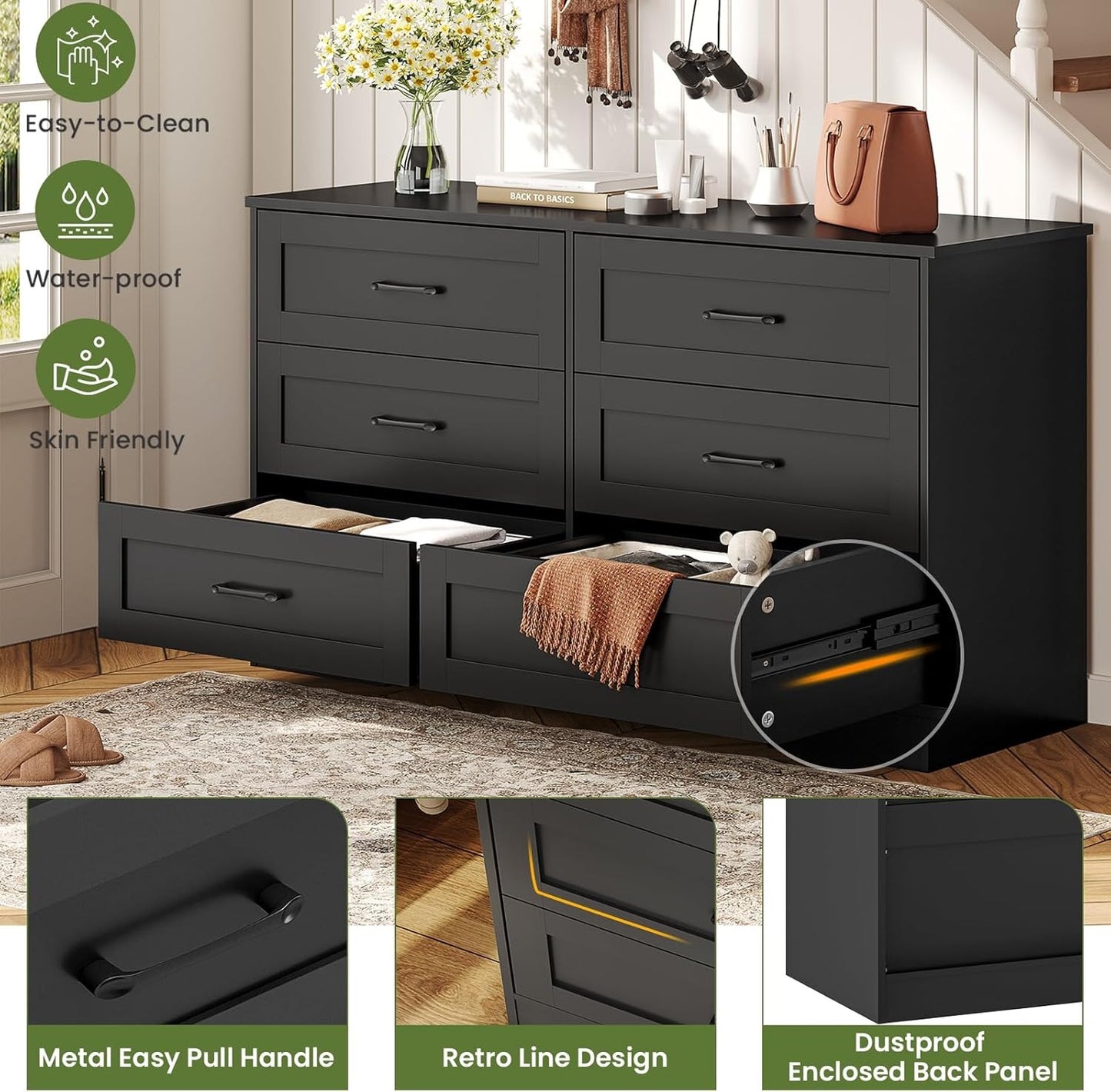 Hasuit Modern Wooden Black Dresser for Bedroom with 6 Large Drawers