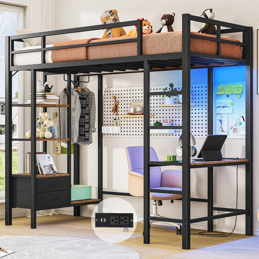 Hasuit Loft Bed Twin Size with Desk and Charging Station Metal Twin Loft Bed with LED Lights, 4 Storage Shelves & 2 Fabric Drawers, Twin Size Loft Bed with Safety Guard, Clothes Rail & Ladder, Black