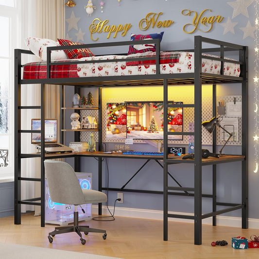 Hasuit Twin Size Loft Bed with Desk U-Shaped | Heavy Duty Metal Frame & Built-in Charging Station | RGB APP-Controlled LED Lights, Safety Guardrails + Open Shelves | No Box Spring Needed, Black