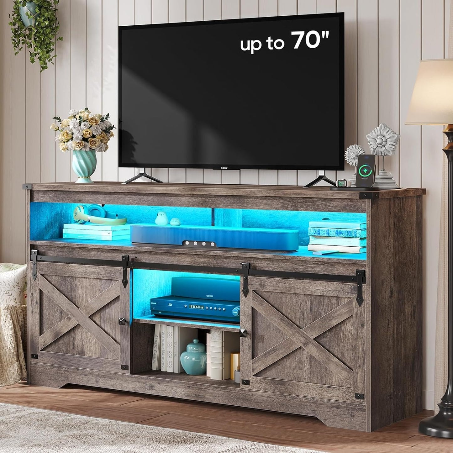 Hasuit Farmhouse LED TV Stand Entertainment Center with Power Outlet and Storage Cabinet for Living Room Oak