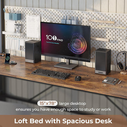 Hasuit Full Size Metal Loft Bed with Desk, LED Lights & Charging Station - Sturdy Space-Saving Bed Frame, Loft Bed Full Size Includes Safety Guard Rail & Ladder, No Box Spring Needed, Durable, Black