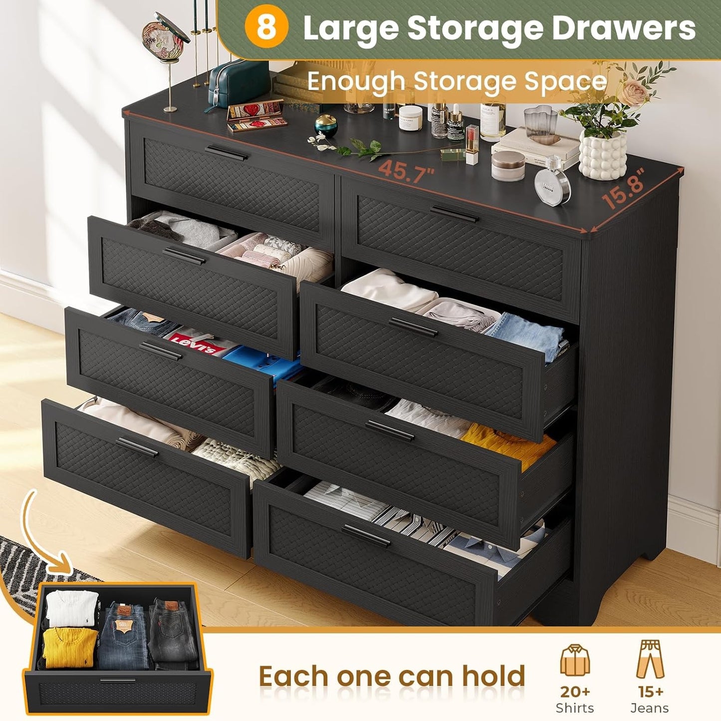 Hasuit Wood Black Dresser with 8 Drawers for Bedroom, Living Room, Hallway