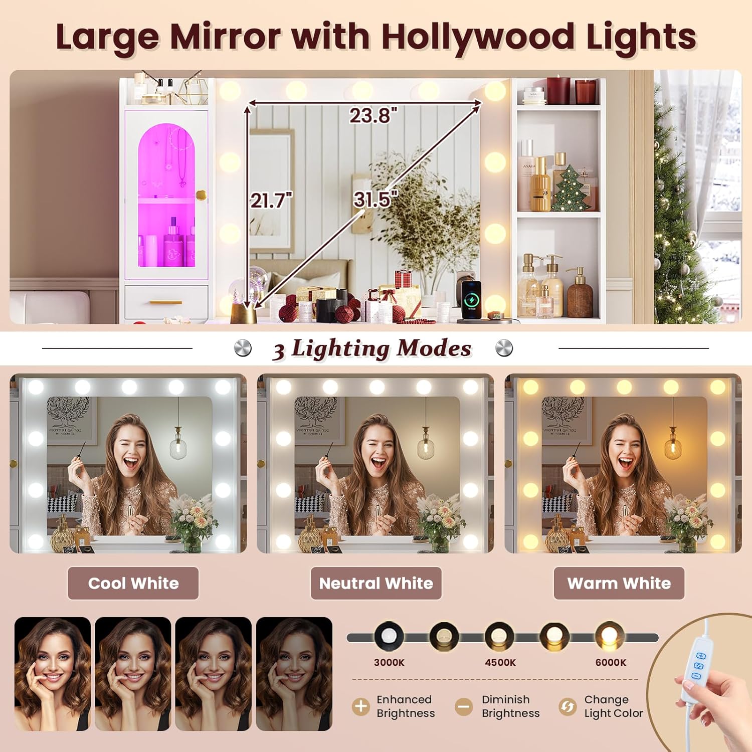 Hasuit Makeup Vanity Desk with Lighted Mirror & RGB Glass Cabinet, 49.8"W Large Vanity Desk with 7 Drawers, Shelves, Side Cabinet, White Bedroom Dressing Table with Charging Station, Lights Adjustable