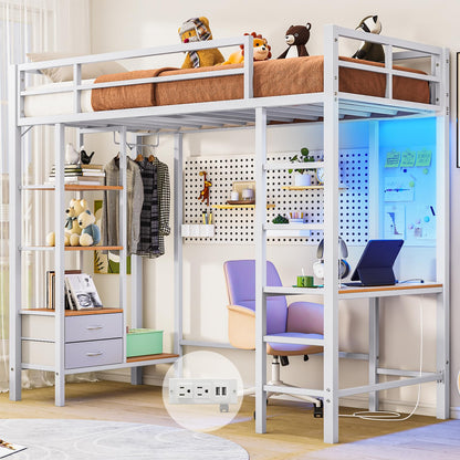 Hasuit Loft Bed Twin Size with Desk and Charging Station Metal Twin Loft Bed with LED Lights, 4 Storage Shelves & 2 Fabric Drawers, Twin Size Loft Bed with Safety Guard, Clothes Rail & Ladder, Black