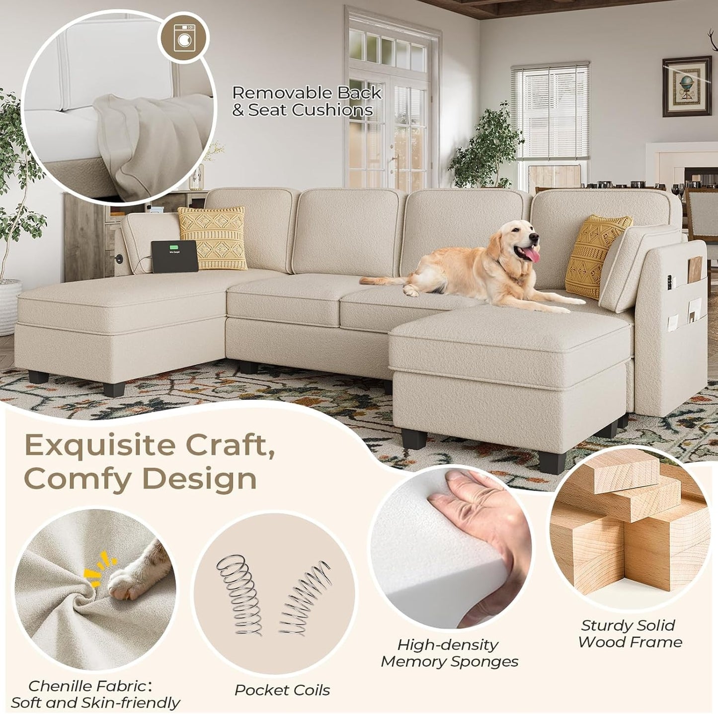 Hasuit 113'' U Shaped  Sectional Sofa with Storage Seats Comfy  with USB Dark Beige