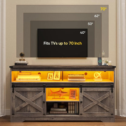 Hasuit Farmhouse LED TV Stand Entertainment Center with Power Outlet and Storage Cabinet for Living Room Oak