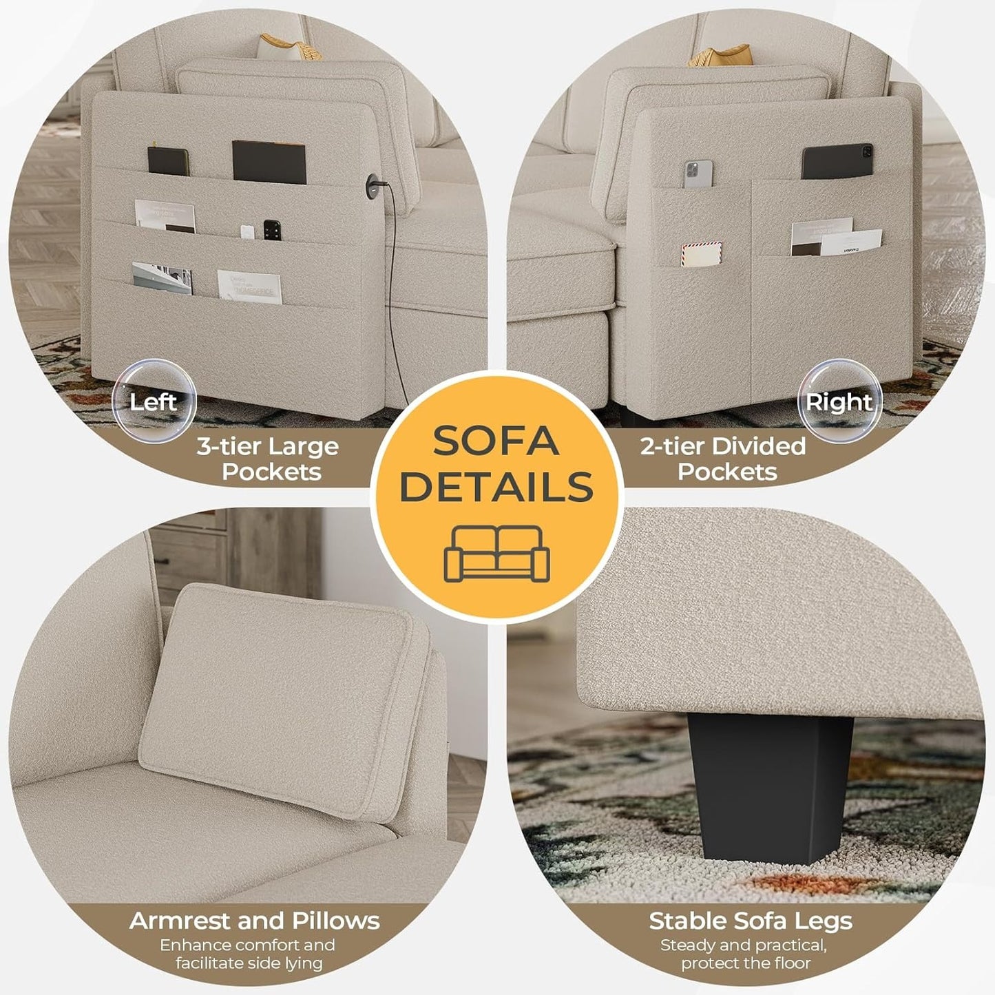 Hasuit 113'' U Shaped  Sectional Sofa with Storage Seats Comfy  with USB Dark Beige