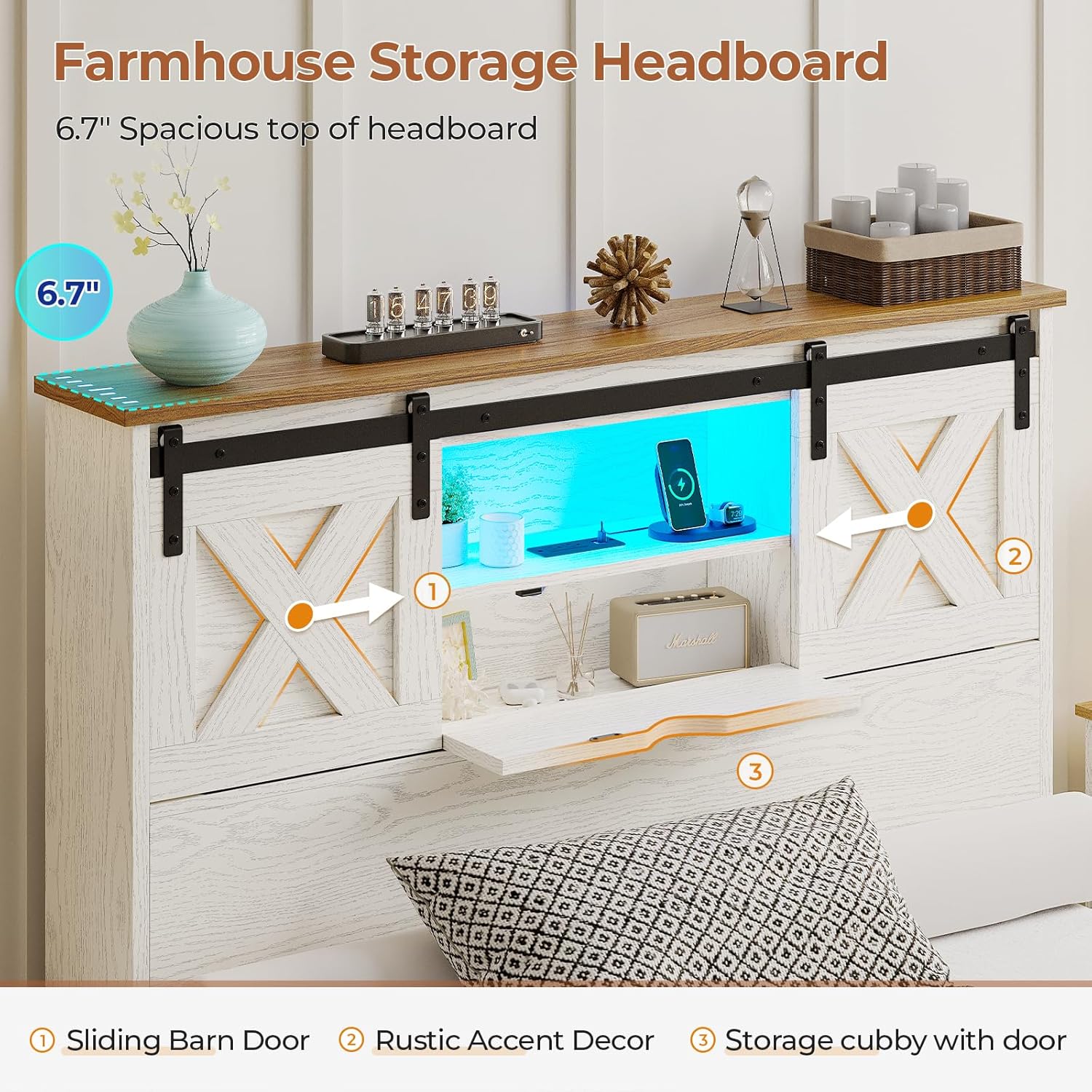 Hasuit Farmhouse Bed Frame Twin XL Size with 2 Storage Drawers, Wooden Platform Twin XL Bed with LED Lights and Charging Station, Rustic Headboard with Sliding Barn Door Storage Cabinets (White)