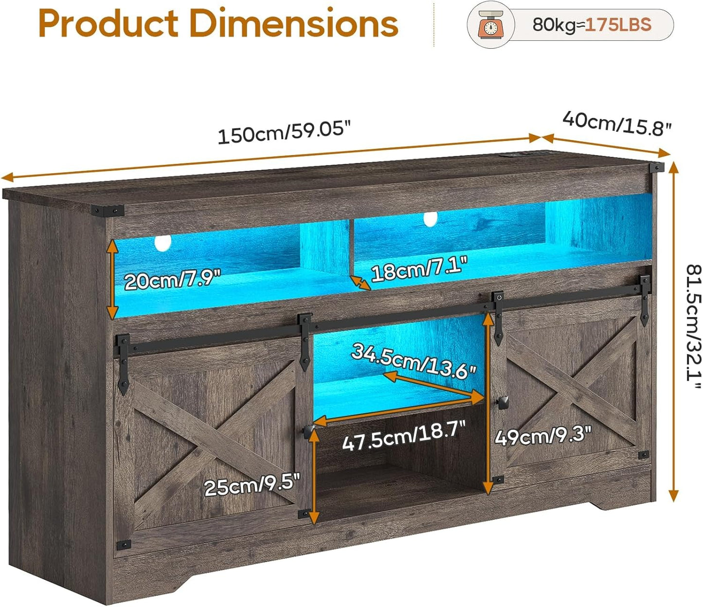 Hasuit Farmhouse LED TV Stand Entertainment Center with Power Outlet and Storage Cabinet for Living Room Oak