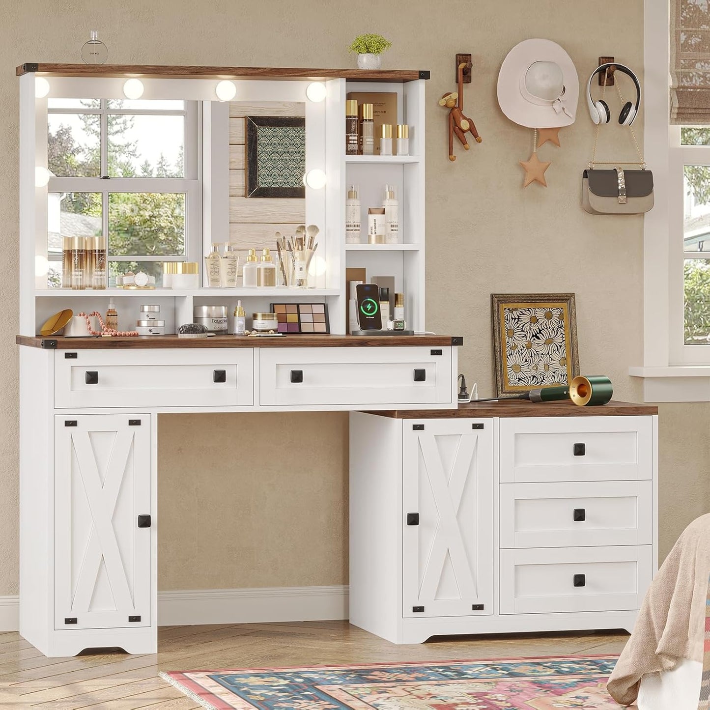 Hasuit 56.5 Inches Makeup Vanity Desk with Hollywood Mirror and Charging Station