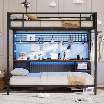 Hasuit Full Over Twin Bunk Bed with Desk Convertible Storage Shelf,Metal Loft Bed with Led Lights & Charging Station,Bunk Beds for Teens with Safety Guard & Stairs,Space Saving Bedroom Furniture,Black