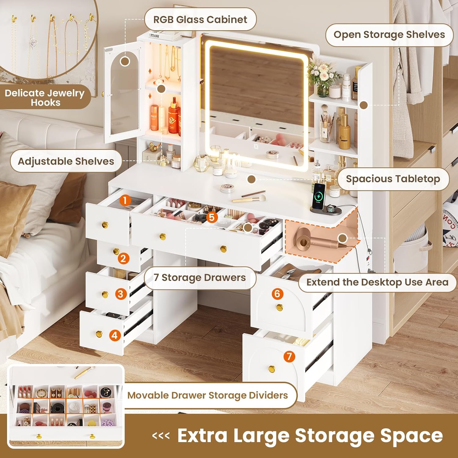Hasuit White Vanity Desk with Mirror and LED Lights, Large Makeup Vanity Desk with 7 Drawers, Storage Shelves and RGB Glass Cabinet, Dressing Table for Bedroom with Charging Station, Lights Adjustable