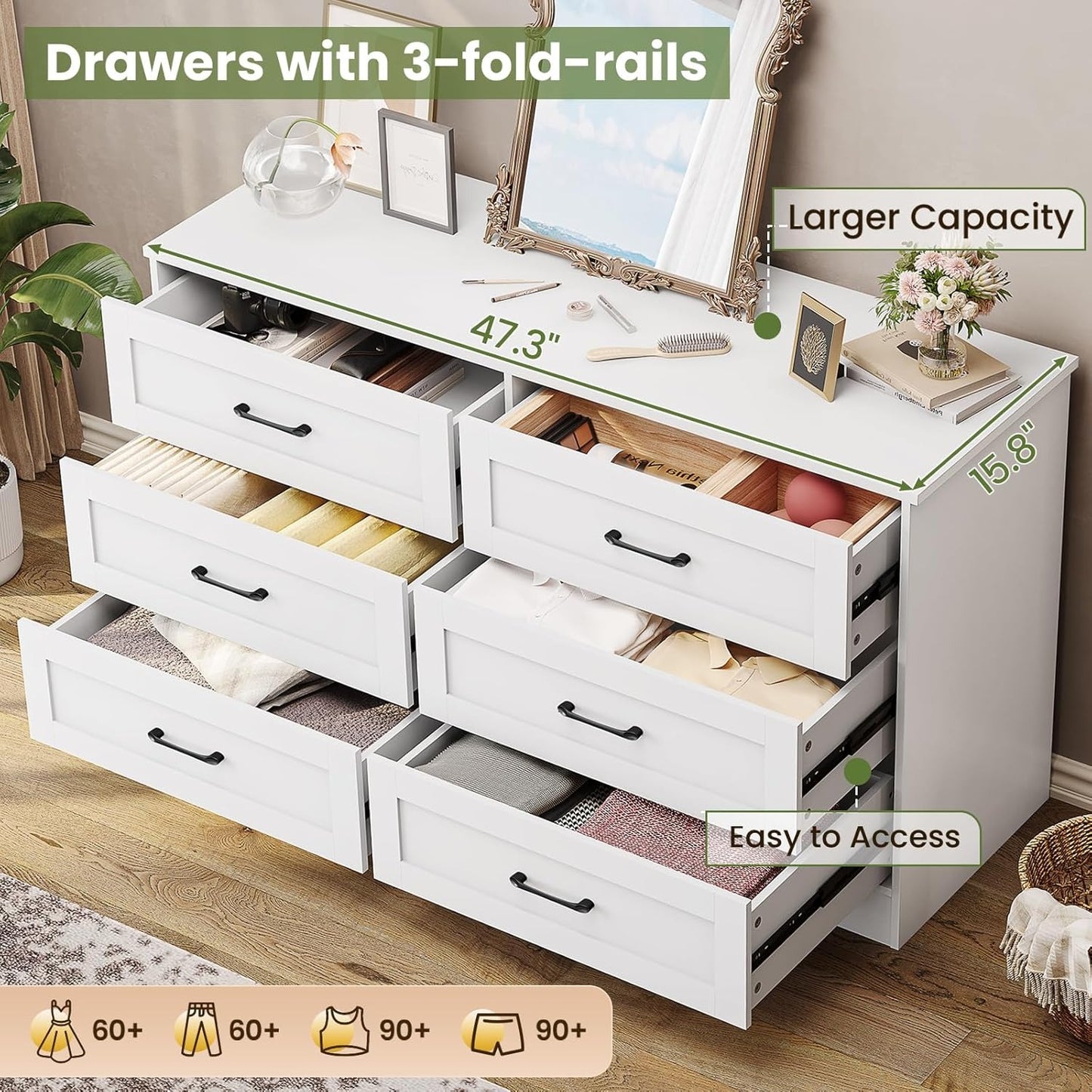 Hasuit Modern Wooden White Dresser for Bedroom with 6 Large Drawers