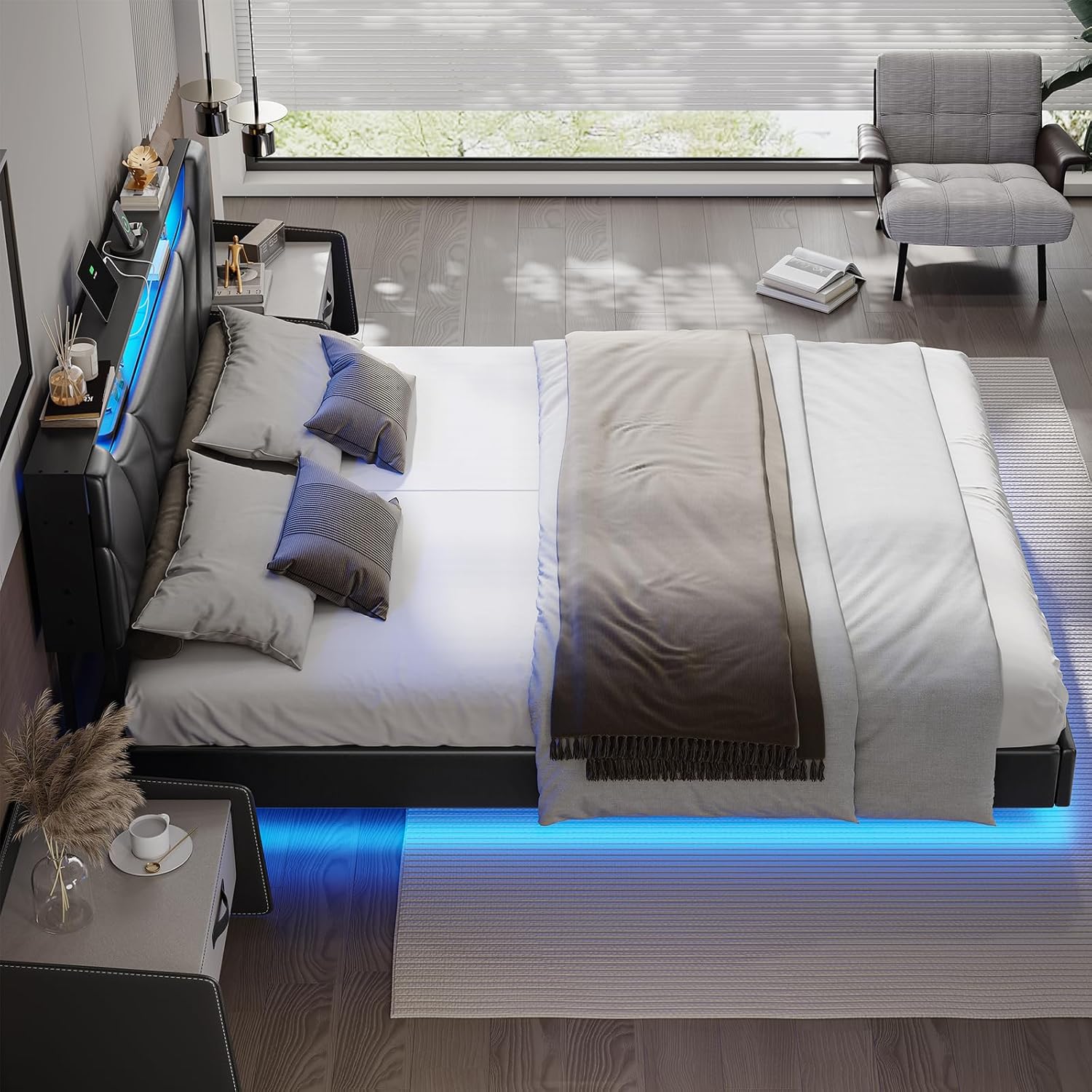 Hasuit California King Bed Frame with Hidden Storage Headboard and Charging Station Cal King Size Floating Bed Frame with Led Lights Upholstered Visual Floating Platform bed,No Box Spring Needed,Black