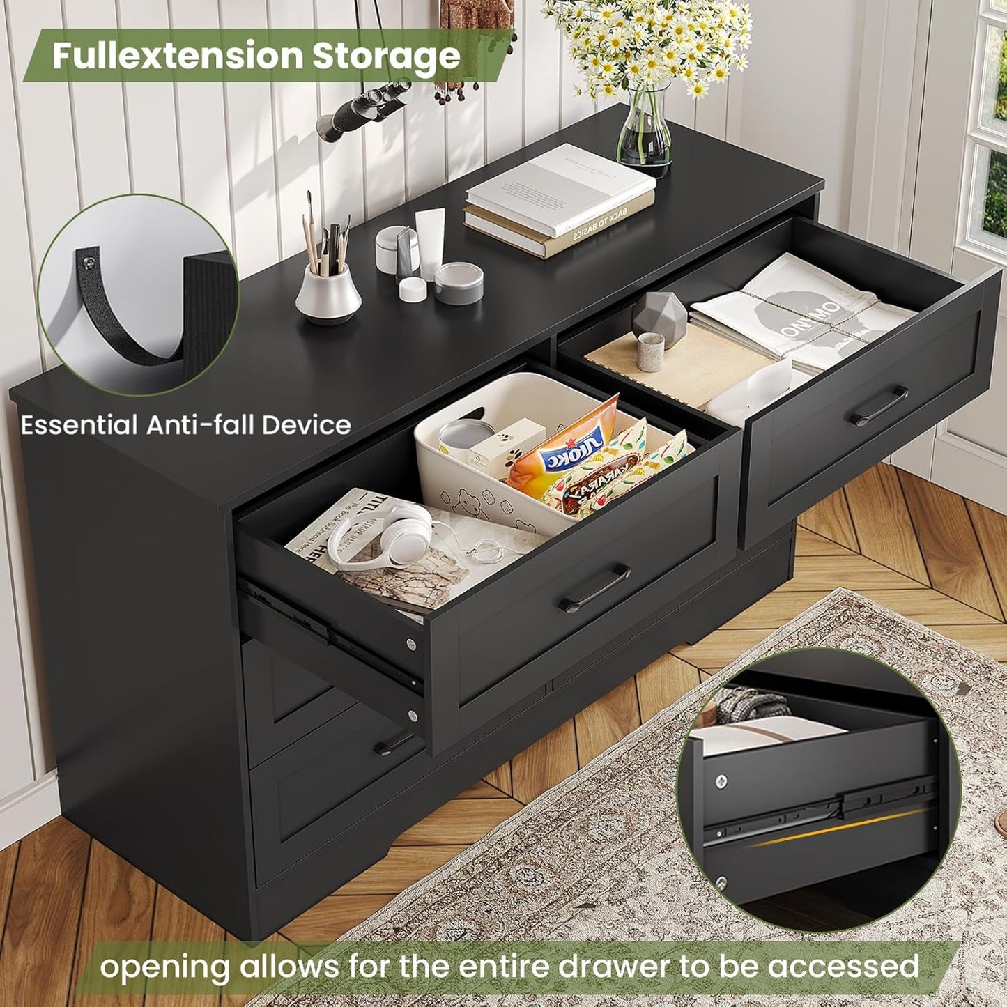 Hasuit Modern Wooden Black Dresser for Bedroom with 6 Large Drawers