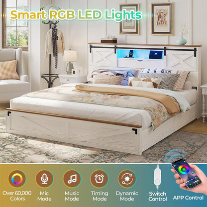 LED Farmhouse Wooden Platform Bed Frame With Charging Station 2 Drawers White