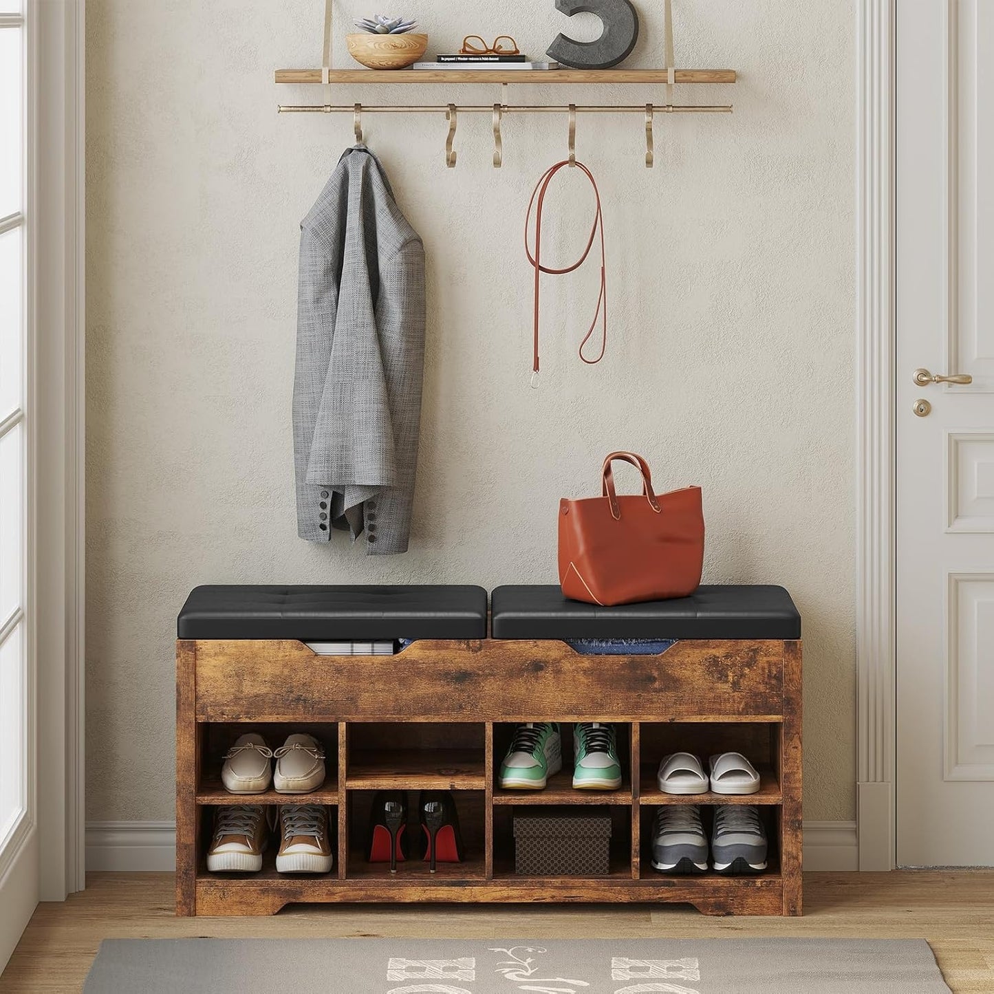 Hasuit 8 Adjustable Cubbies Shoe Organizer Bench With Cushion Seat And 2 Lift Top Storage Boxes Brown