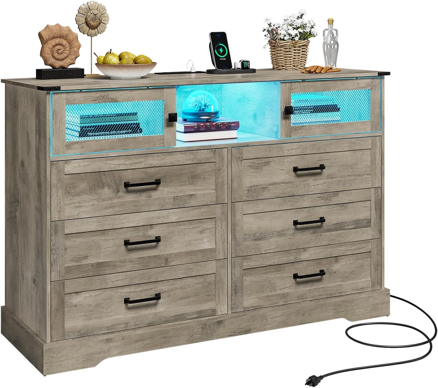 Hasuit 6 Drawer Dresser with LED Lights and Charging Station, Farmhouse Chest of Drawers Closet Organizer, Clothes Storage Cabinet Double Dressers for Bedroom, Living Room, Hallway, Rustic Oak