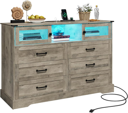 Hasuit 6 Drawer Dresser with LED Lights and Charging Station, Farmhouse Chest of Drawers Closet Organizer, Clothes Storage Cabinet Double Dressers for Bedroom, Living Room, Hallway, Rustic Oak