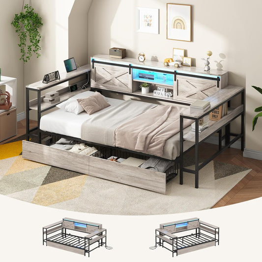Hasuit Twin XL Corner Bed with Drawers and Bookcase Storage Shelves, Daybed with Charging Station and LED Light, Farmhouse Wooden Bed Frame with Sliding Barn Doors, No Box Spring Needed, Rustic Gray