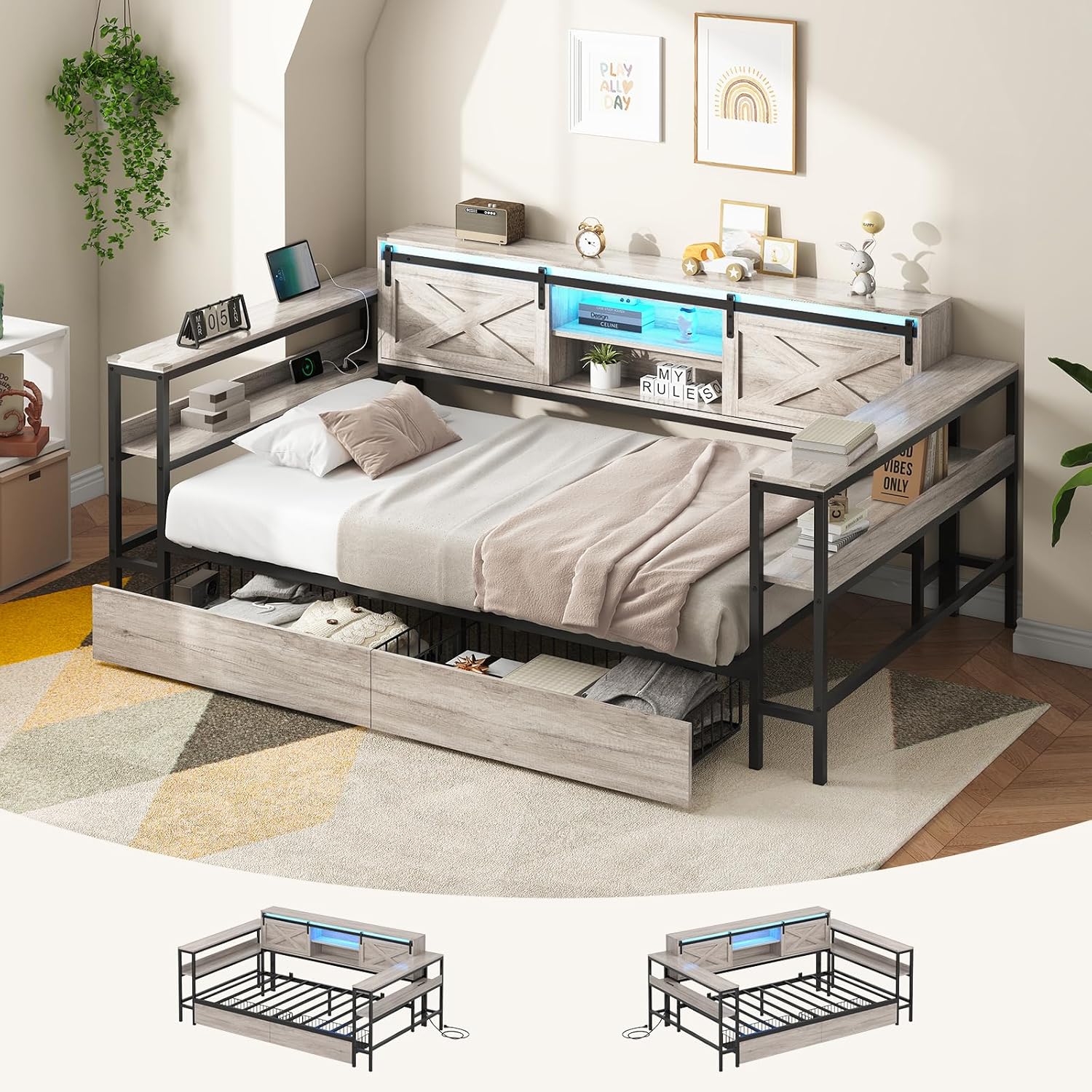 Hasuit Twin XL Corner Bed with Drawers and Bookcase Storage Shelves, Daybed with Charging Station and LED Light, Farmhouse Wooden Bed Frame with Sliding Barn Doors, No Box Spring Needed, Rustic Gray