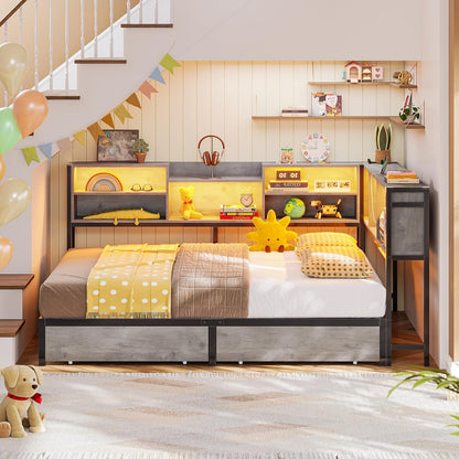 Hasuit Full Corner Bed Frame with Storage Bookcase, Full Size Daybed with 2 Underneath Storage Drawers, Kids Bed Unit with Charging Station and LED Light, Modern Teenagers Bedframe, Black&Gray