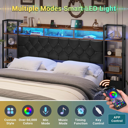 Hasuit King Farmhouse Bed Frame, King Size Platform Bed with LED Lights and Charging Station, Artificial Leather Headboard with Bookcase Shelves, No Box Spring Needed, Noise Free