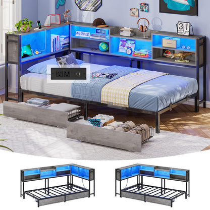 Hasuit Full Corner Bed Frame with Storage Bookcase, Full Size Daybed with 2 Underneath Storage Drawers, Kids Bed Unit with Charging Station and LED Light, Modern Teenagers Bedframe, Black&Gray