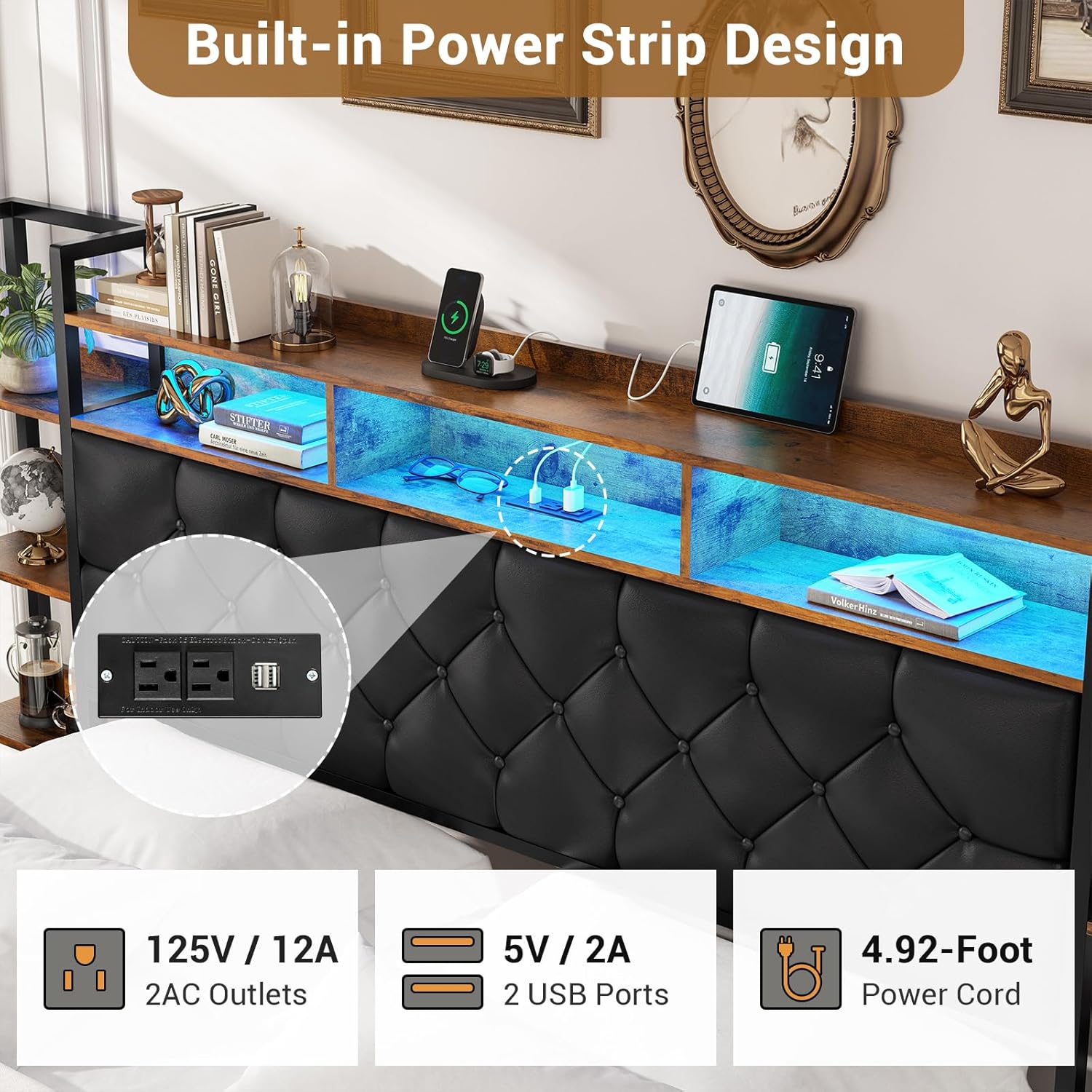 Hasuit King Farmhouse Bed Frame, King Size Platform Bed with LED Lights and Charging Station, Artificial Leather Headboard with Bookcase Shelves, No Box Spring Needed, Noise Free