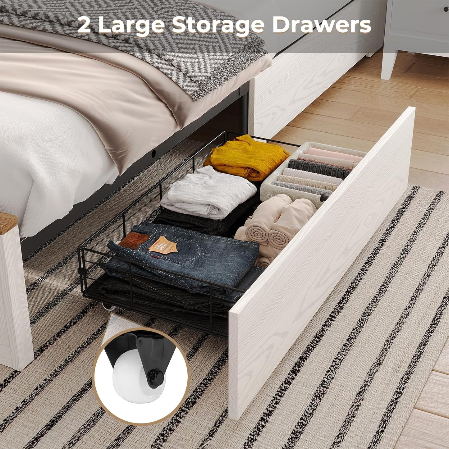 LED Farmhouse Wooden Platform Bed Frame With Charging Station 2 Drawers White