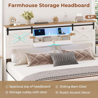LED Farmhouse Wooden Platform Bed Frame With Charging Station 2 Drawers White
