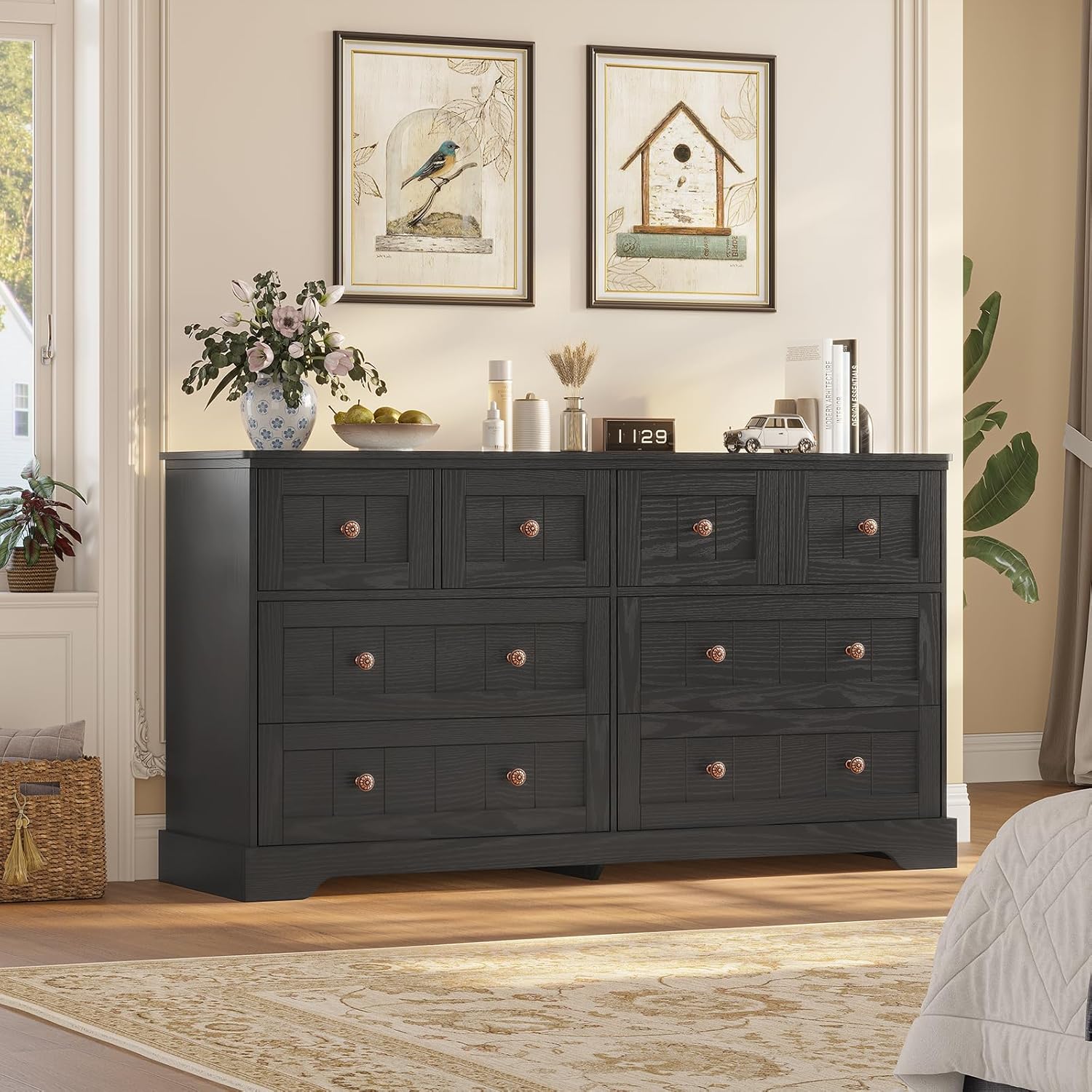 Hasuit Black Dresser for Bedroom, Farmhouse 8 Drawers Dresser, 55" Wide Dressers Chest of Drawers with Hand Carved Panel, Large Wood Closet Storage Organizers Dressers for Bedroom, Living Room Hallway