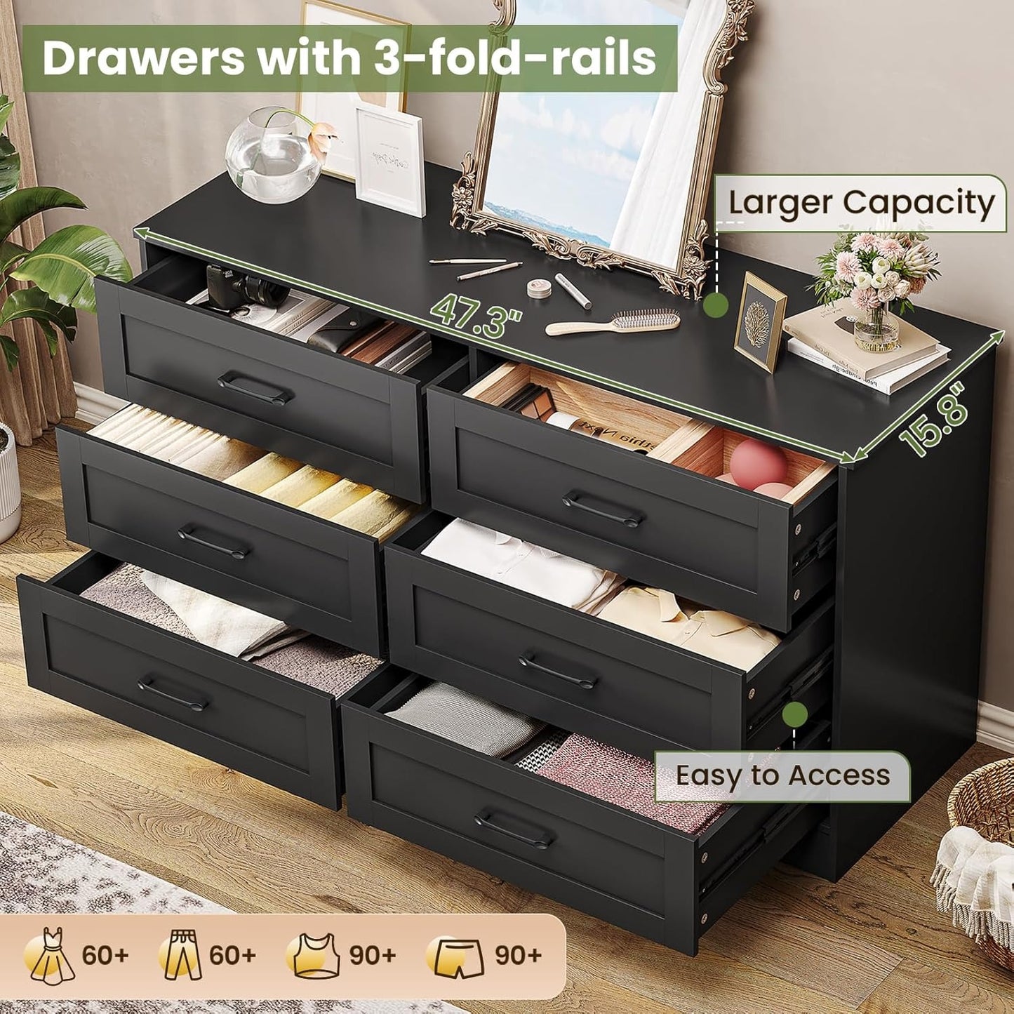 Hasuit Modern Wooden Black Dresser for Bedroom with 6 Large Drawers