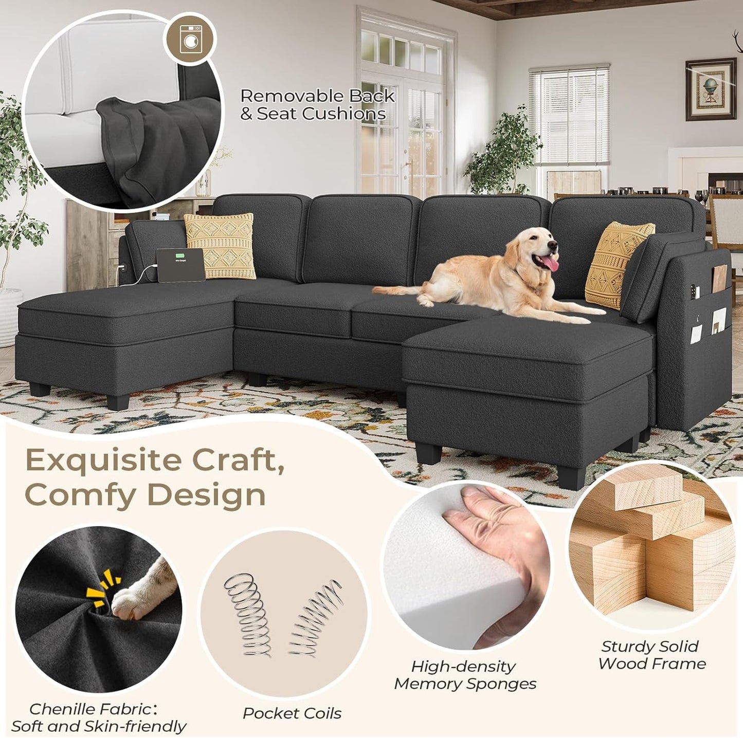 Hasuit 113'' U Shaped  Sectional Sofa with Storage Seats Comfy  with USB Dark Grey