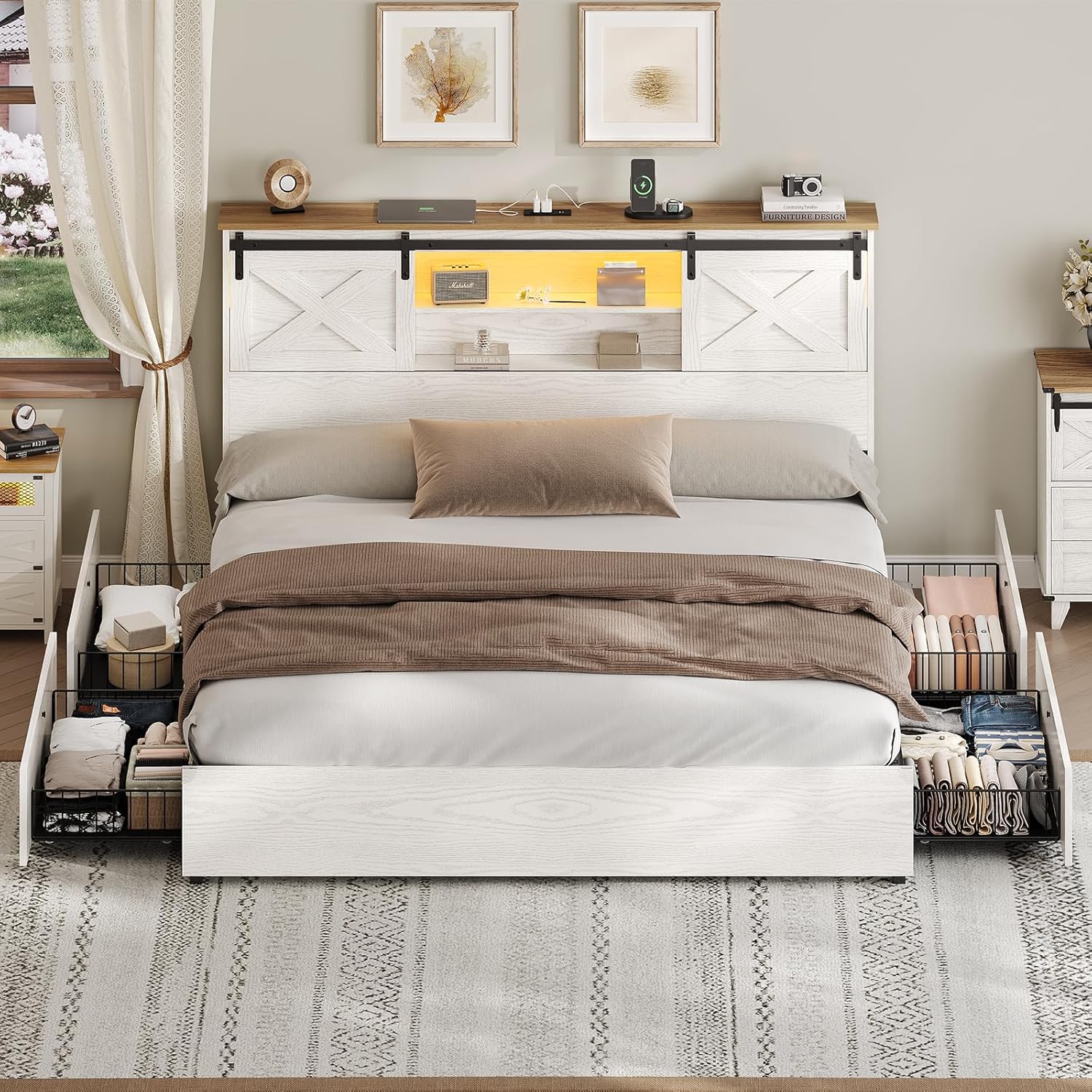 Hasuit Farmhouse Bed Frame California King Size with 4 Storage Drawers, Wooden Platform Cal King Beds with Charging Station and LED Lights, Rustic Bed with Storage Headboard and Sliding Barn Door