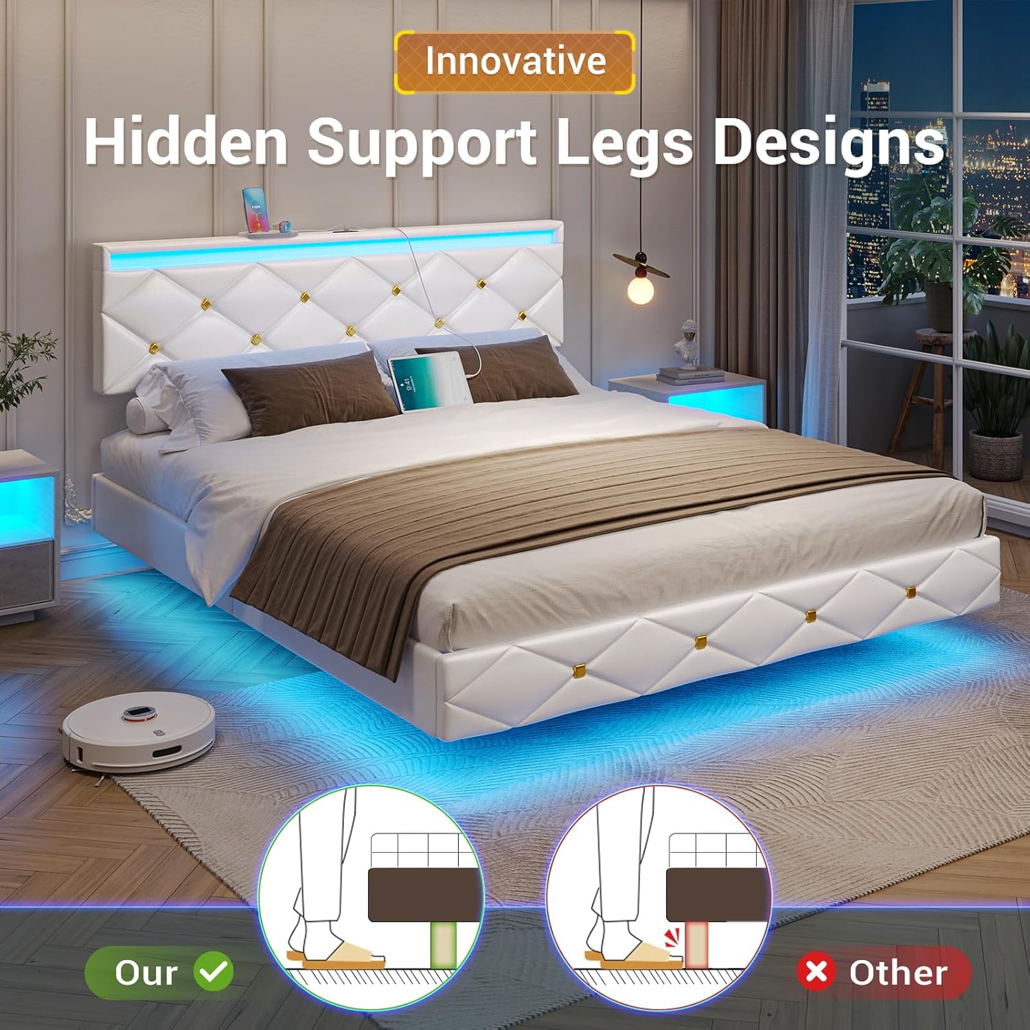 Hasuit Floating Bed Frame Queen Size with LED Lights and Charging Station, Modern Queen Platform Bed with Vegan Leather Upholstered Headboard, No Box Spring Needed, Noise Free, Easy to Assemble