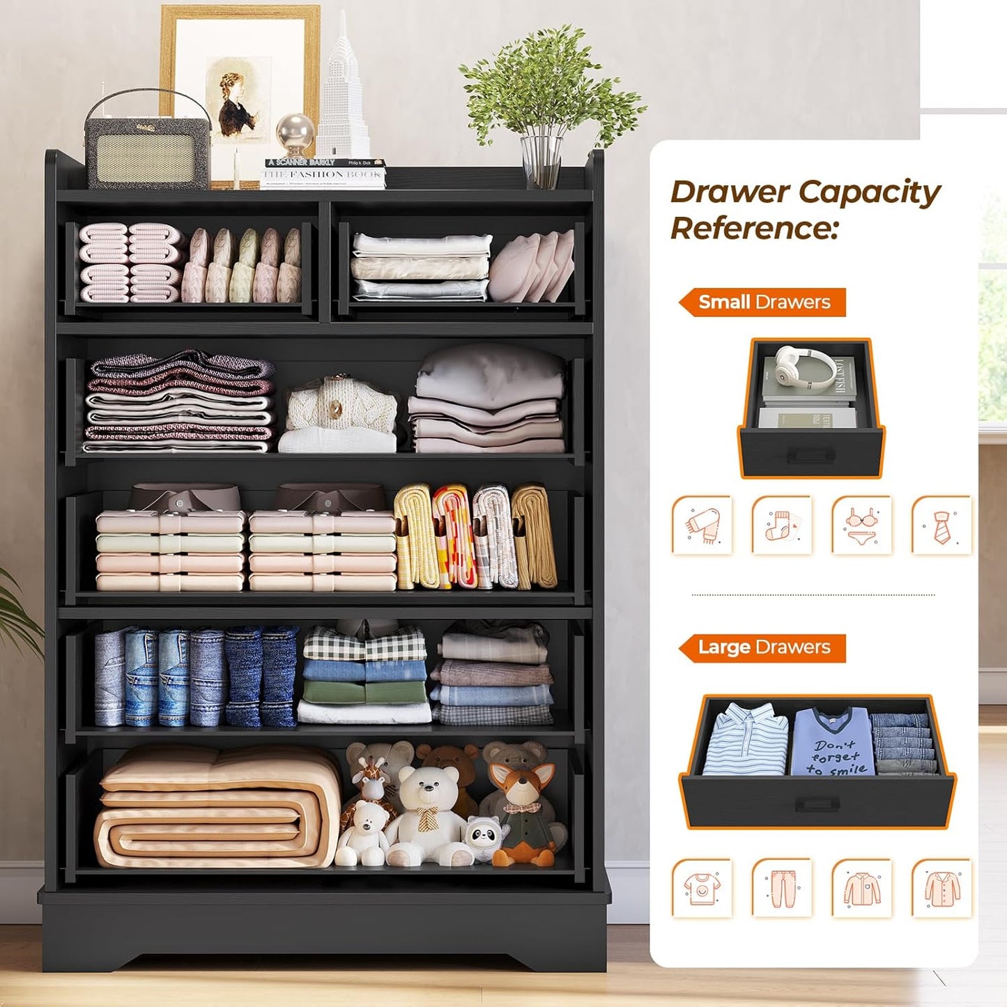 Hasuit Black 6 Drawer Dresser, Wooden Storage Chest of 6 Drawers, Vertical Large Capacity Clothing Storage Organizer, Tall Dressers for Bedroom, Hallway, Entryway