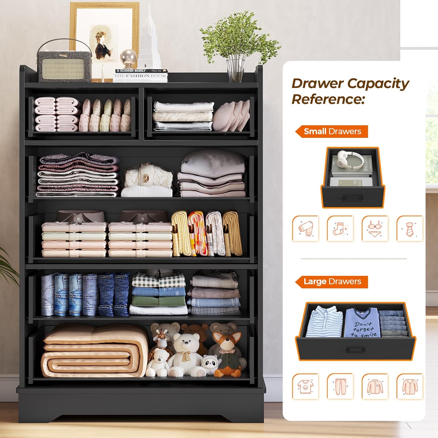 Hasuit Black 6 Drawer Dresser, Wooden Storage Chest of 6 Drawers, Vertical Large Capacity Clothing Storage Organizer, Tall Dressers for Bedroom, Hallway, Entryway