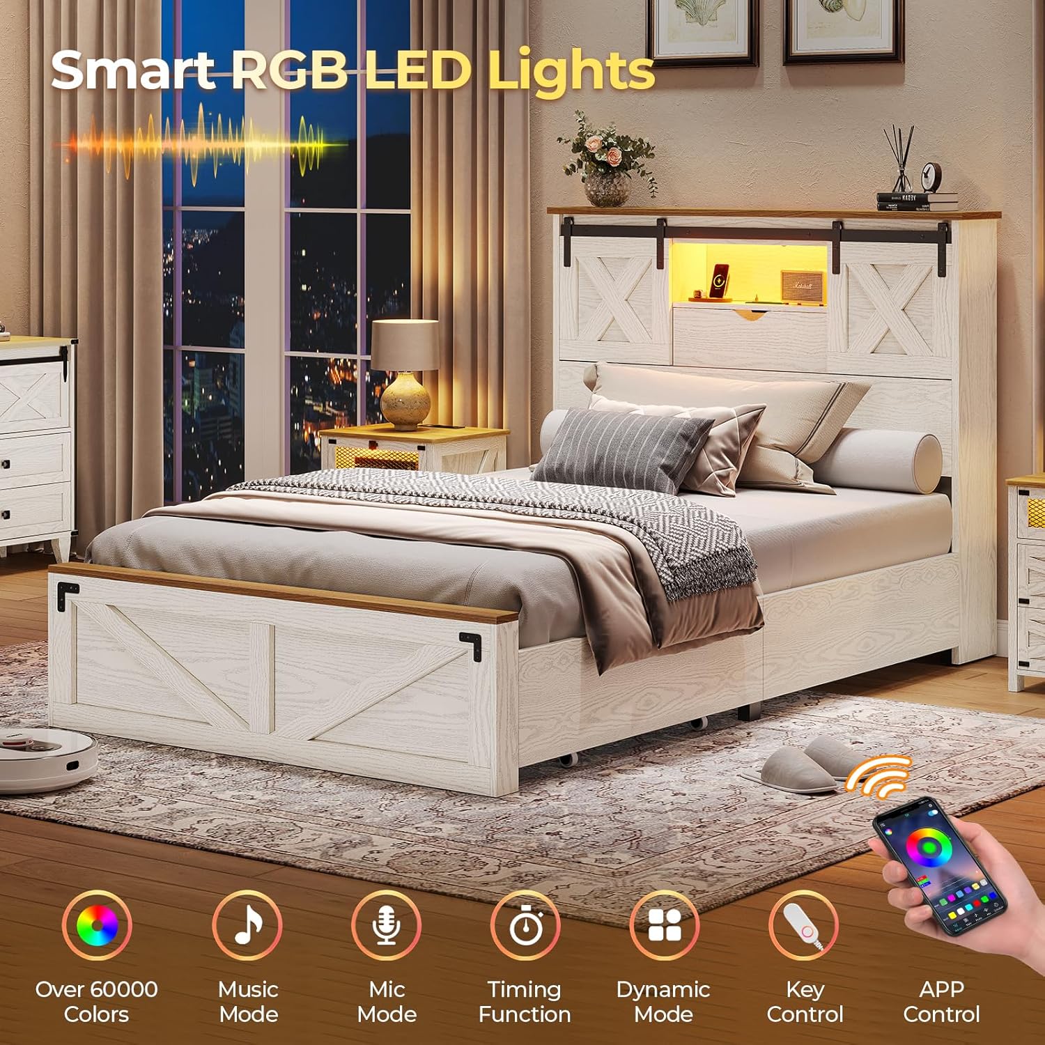 Hasuit Farmhouse Bed Frame Twin XL Size with 2 Storage Drawers, Wooden Platform Twin XL Bed with LED Lights and Charging Station, Rustic Headboard with Sliding Barn Door Storage Cabinets (White)