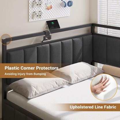 Hasuit Corner Bed Frame with Storage Drawers, Full Daybed with Line Fabric Upholstered Fence, Kids Bed Unit with LED Light and Charging Station, Modern Bed Frame Full Size, Gray
