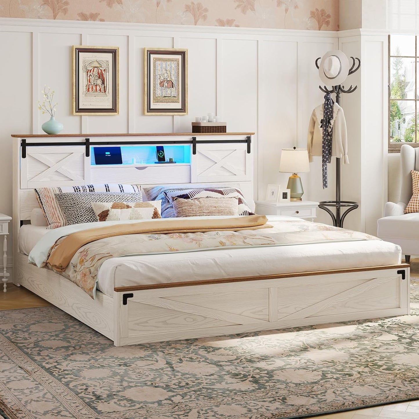 LED Farmhouse Wooden Platform Bed Frame With Charging Station 2 Drawers White