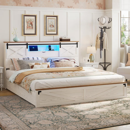 LED Farmhouse Wooden Platform Bed Frame With Charging Station 2 Drawers White