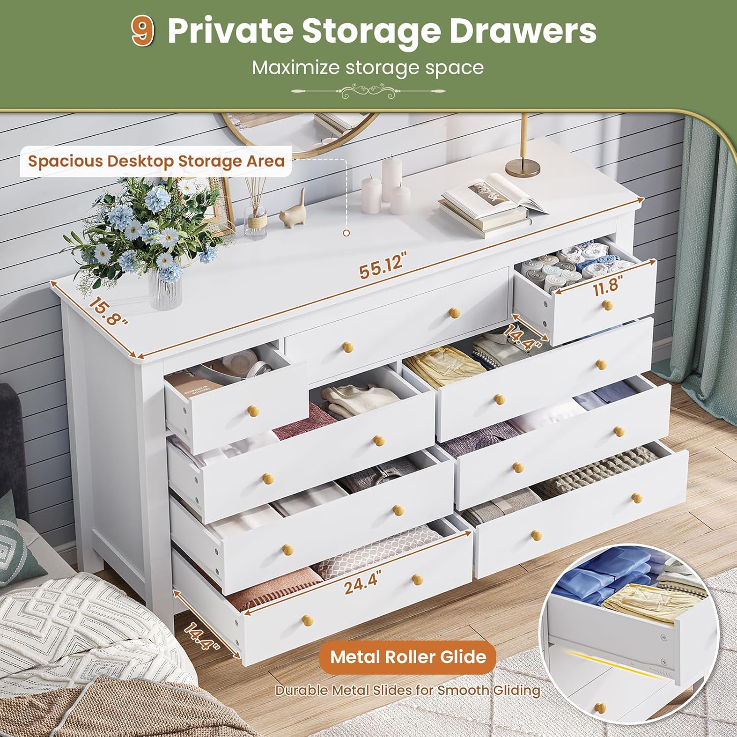 Hasuit White Dresser for Bedroom with 9 Drawers, Modern 55.1" Long Dressers Chest of Drawer with Large Drawers, Large Capacity Storage Organizer Cabinet, Wide Dresser for Bedroom, Living Room, Hallway