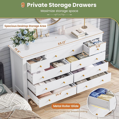 Hasuit White Dresser for Bedroom with 9 Drawers, Modern 55.1" Long Dressers Chest of Drawer with Large Drawers, Large Capacity Storage Organizer Cabinet, Wide Dresser for Bedroom, Living Room, Hallway
