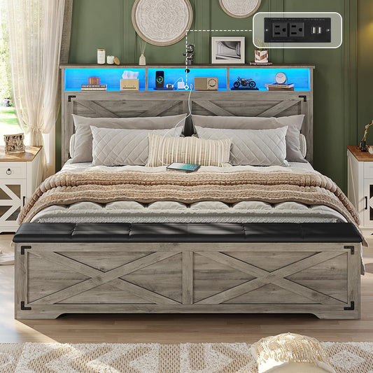 Hasuit Queen Size Bed Frame with Storage Ottoman, Farmhouse Bed Frame with Charging Station and Led Light, Headboard with Storage Rack, Metal Slats, No Noise Design, No Box Spring Needed,Oak Grey