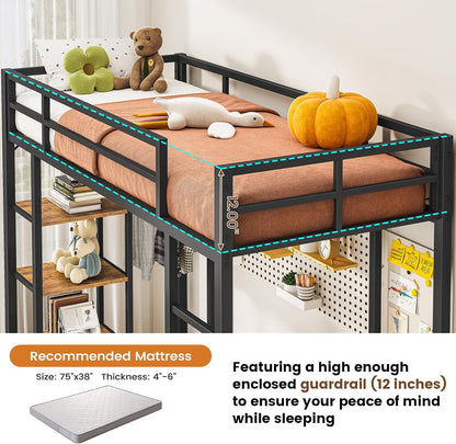 Hasuit Loft Bed Twin Size with Desk and Charging Station Metal Twin Loft Bed with LED Lights, 4 Storage Shelves & 2 Fabric Drawers, Twin Size Loft Bed with Safety Guard, Clothes Rail & Ladder, Black